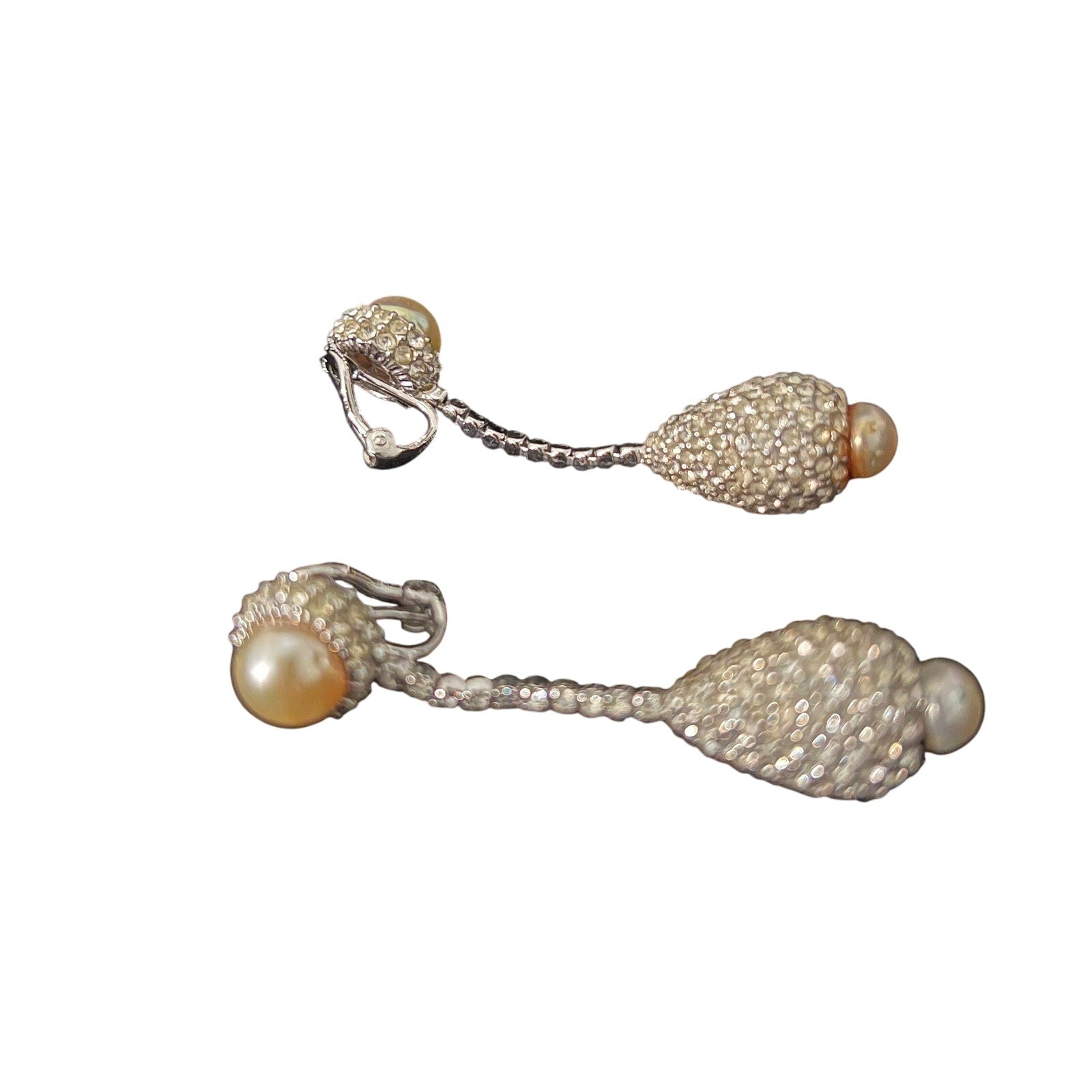 Vintage CINER signed Dazzling Rhinestone and Pearl Dangle Clip-On earrings