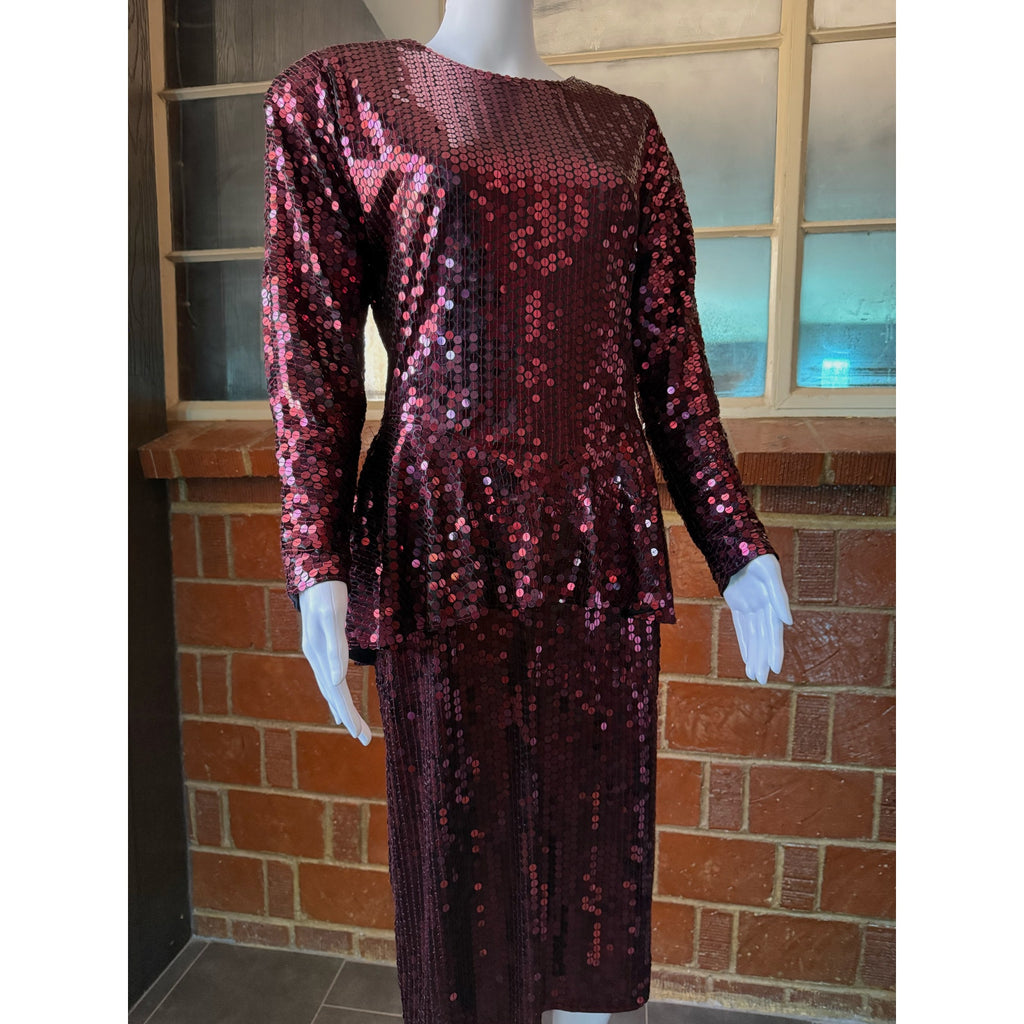 80s Oleg Cassini Maroon Sequin Drop Waist Peplum Party Dress | Size 6 - 8