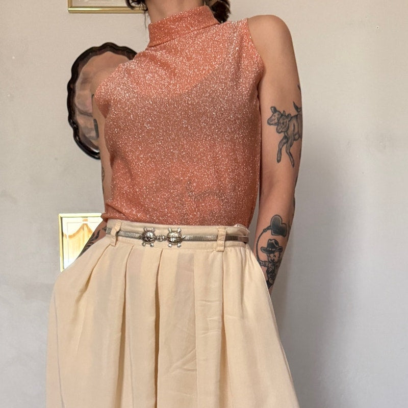 1960s Shimmery Peach Mock Neck Sleeveless Tank Top | Size S - M