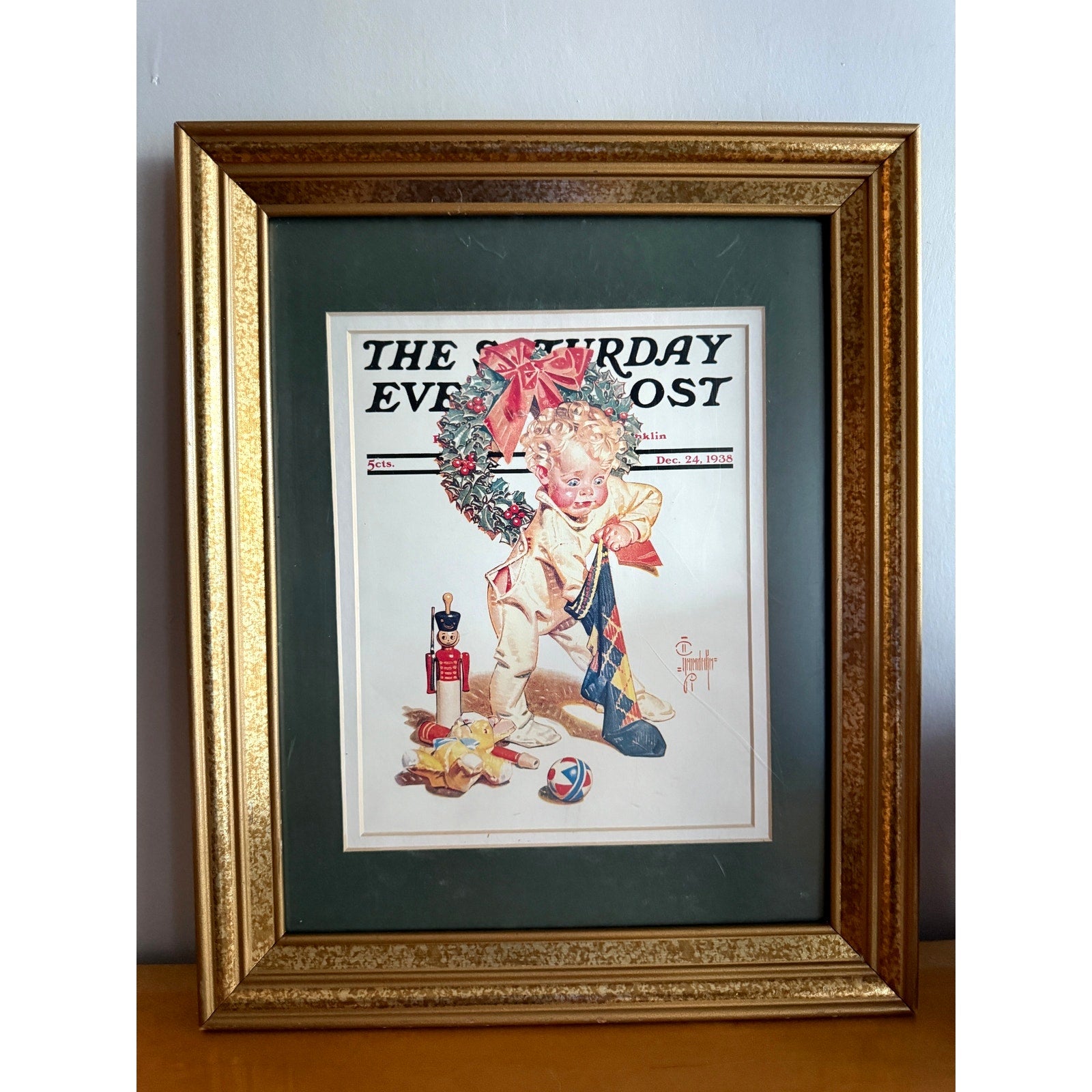 VTG Framed Print 1938 "Christmas Stocking Joy" Saturday Evening Post Cover Art