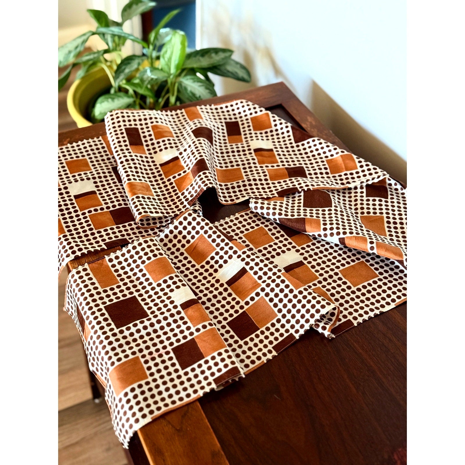 1970s Long Satin Scarf | Geometric Mod Pattern | White Brown Orange