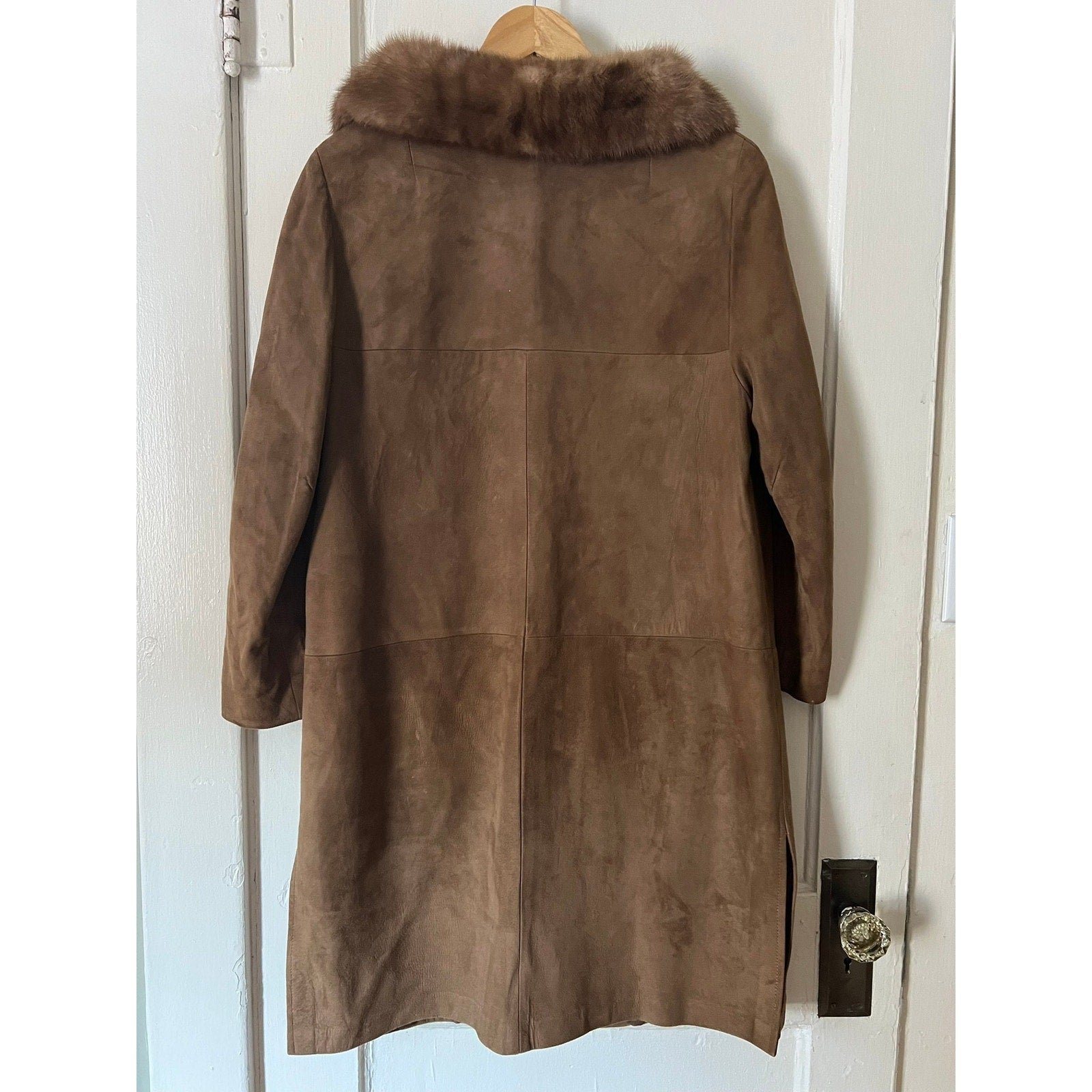 60s Long Suede Buttoned Coat with Mink Fur Collar