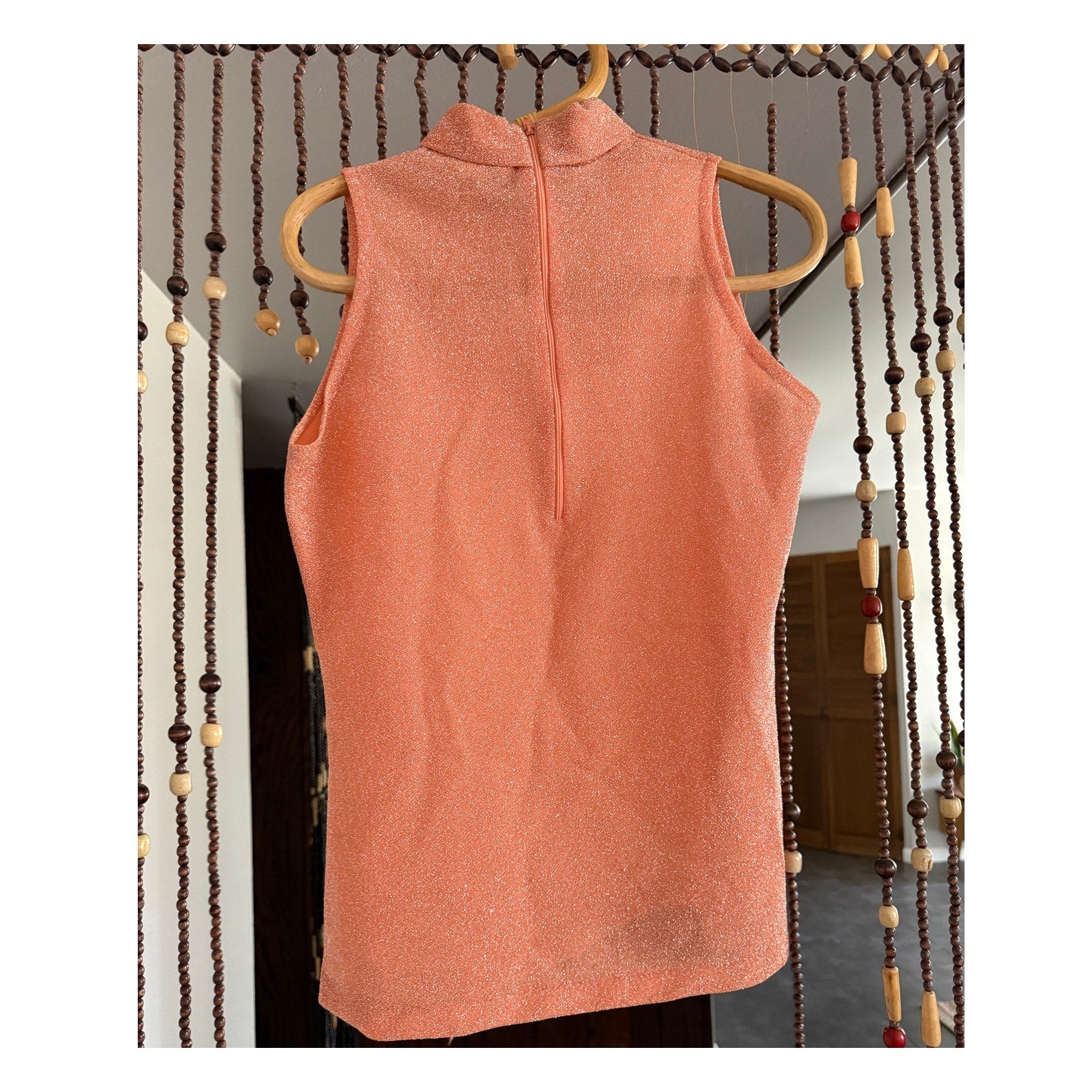 1960s Shimmery Peach Mock Neck Sleeveless Tank Top | Size S - M