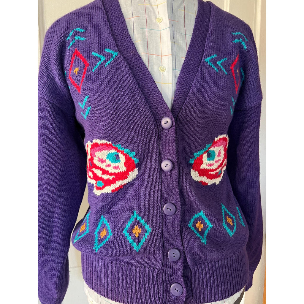 80s Patterned Knit Purple Cardigan Sweater | Size L