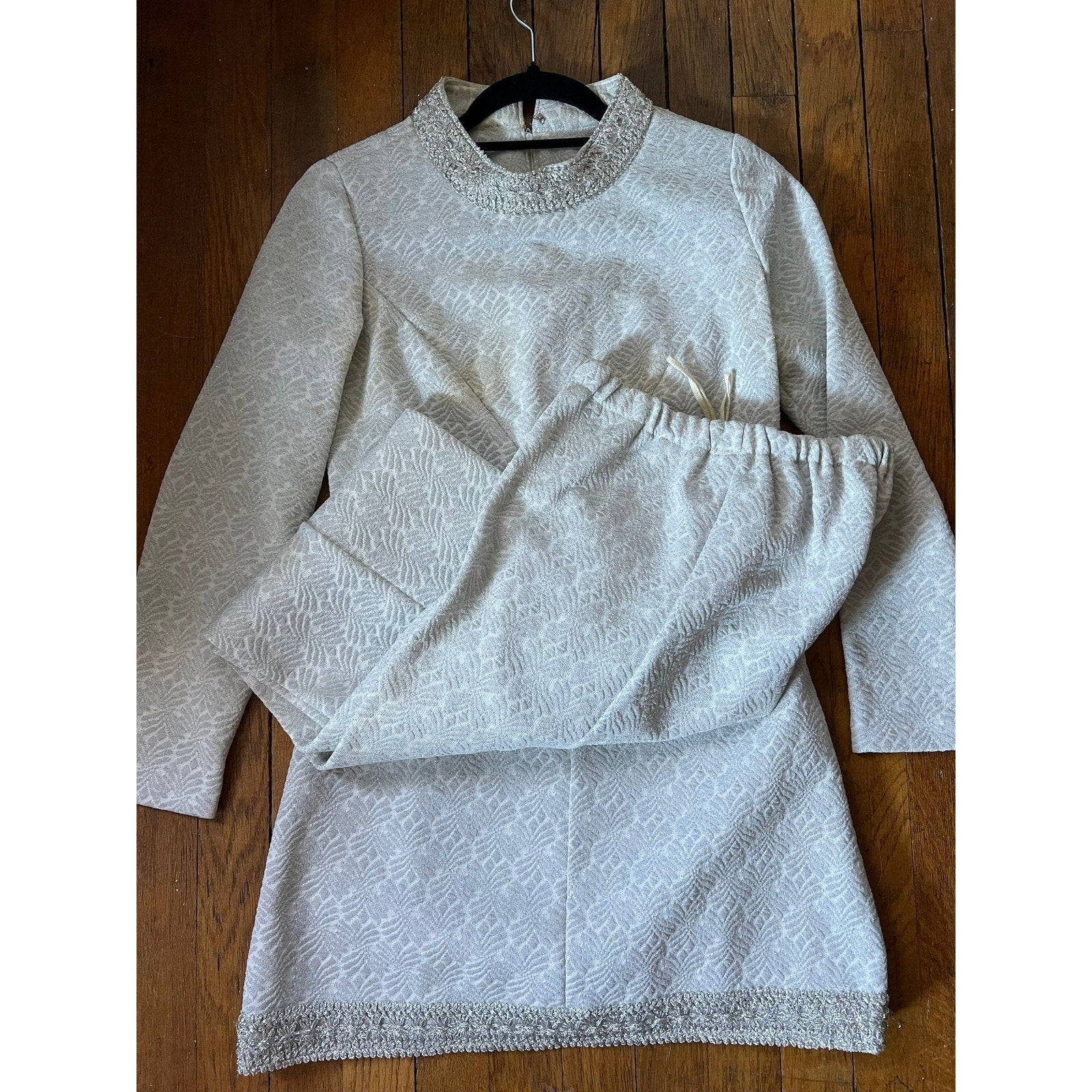 1960s Carol Brent Silver and White Mock Neck Mini Dress Trouser Set