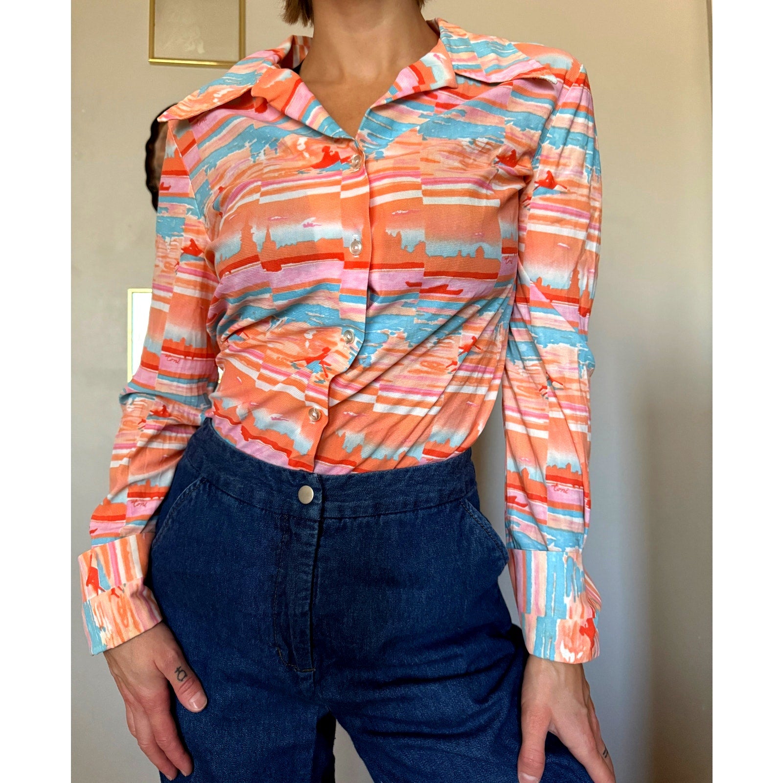 Vintage 70s Patterned Long Sleeve Disco Shirt | Button Up | Sunset Pattern