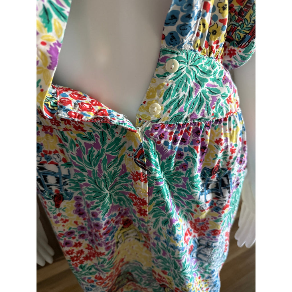 1980s Drop Waist Paris Blues Tropical Print Dress | XS 26W