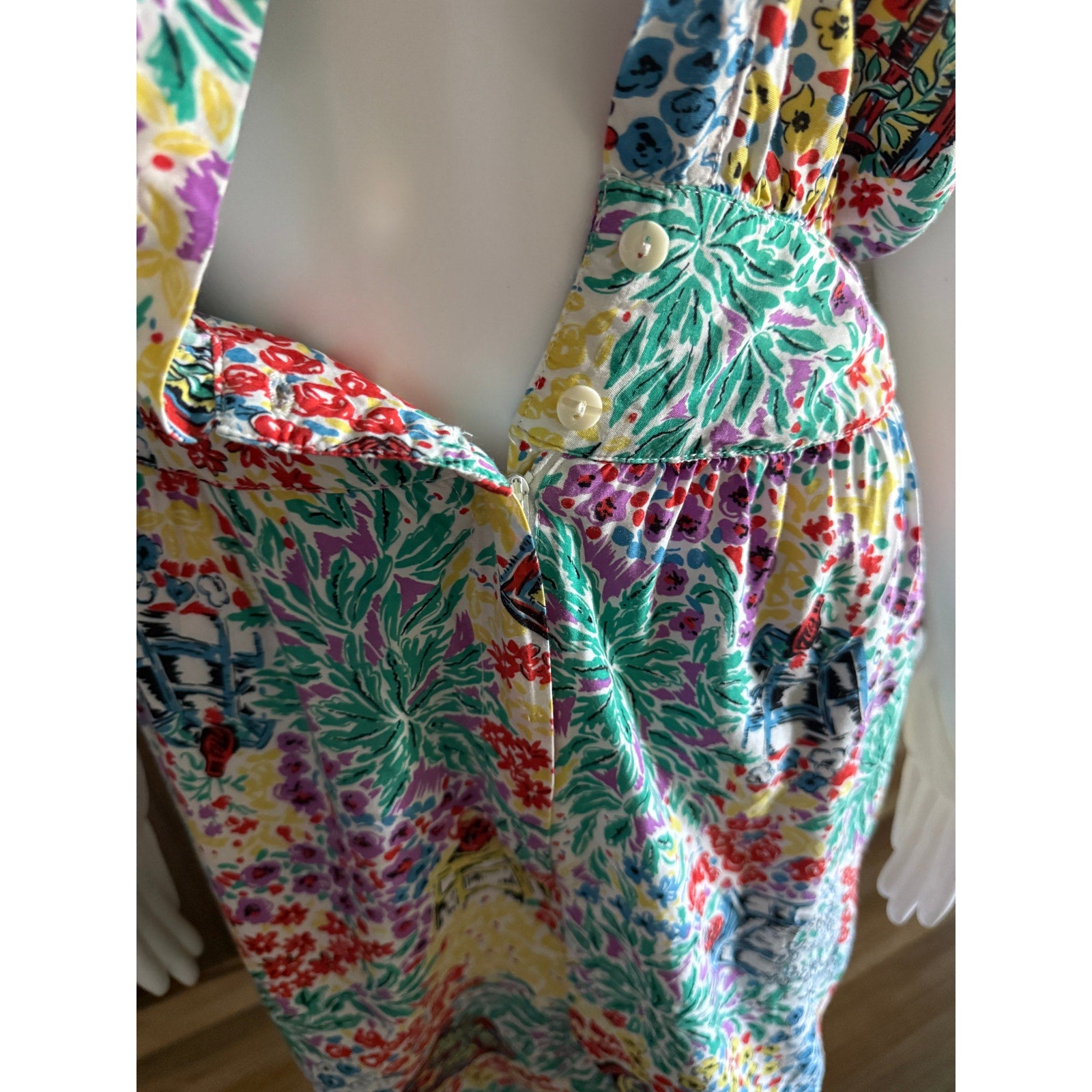 1980s Drop Waist Paris Blues Tropical Print Dress | XS 26W