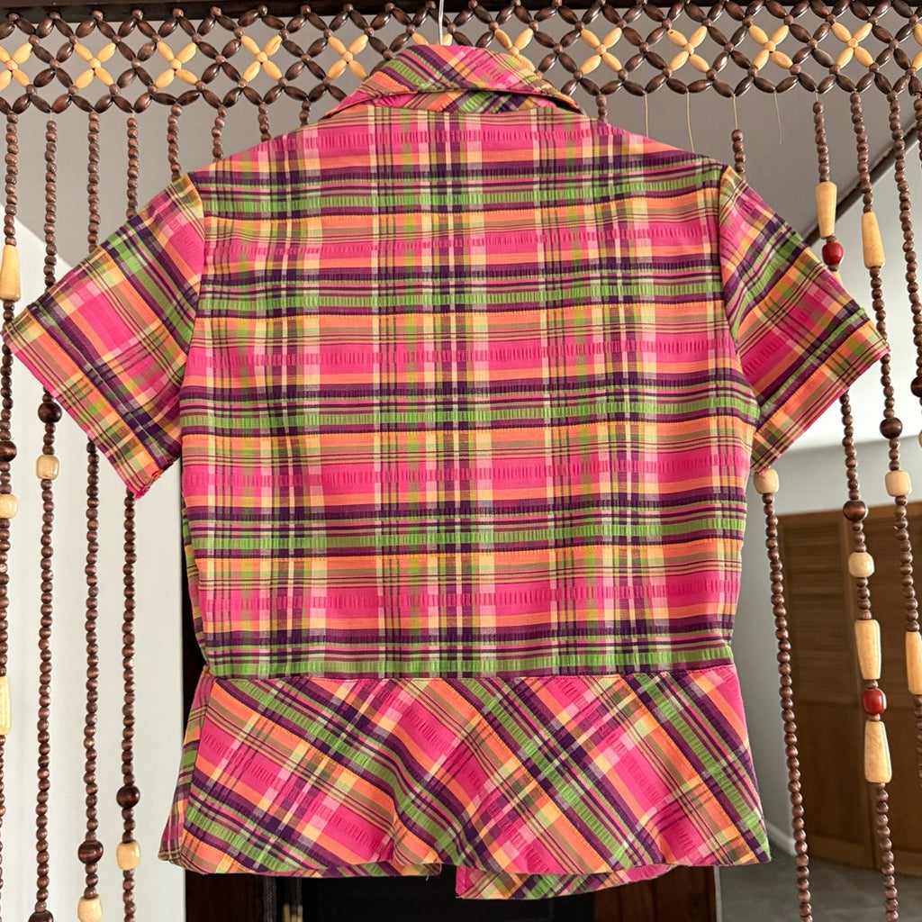 1970s Montgomery Ward Pink and Green Plaid Zip Up Peplum Shirt - Size S