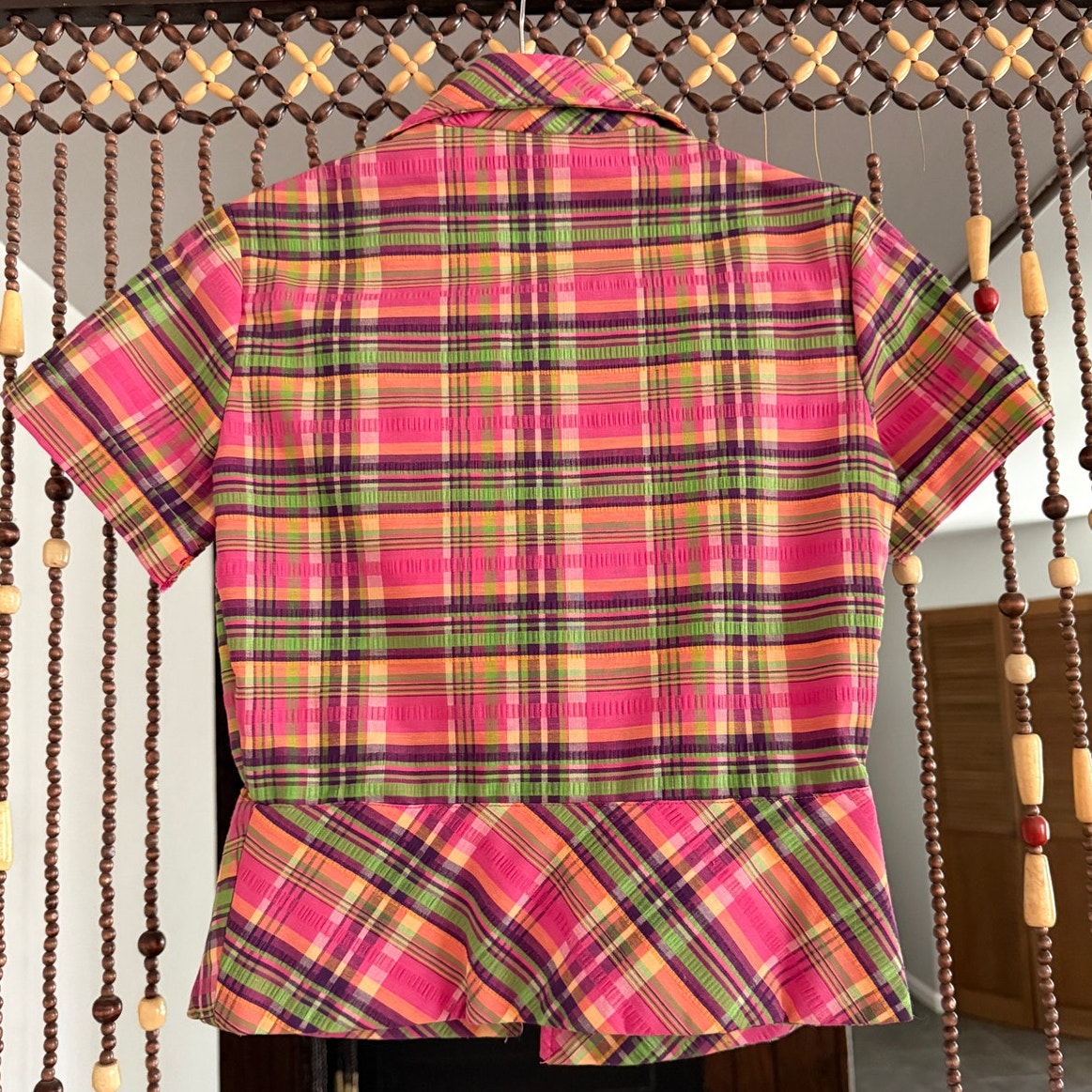 1970s Montgomery Ward Pink and Green Plaid Zip Up Peplum Shirt - Size S