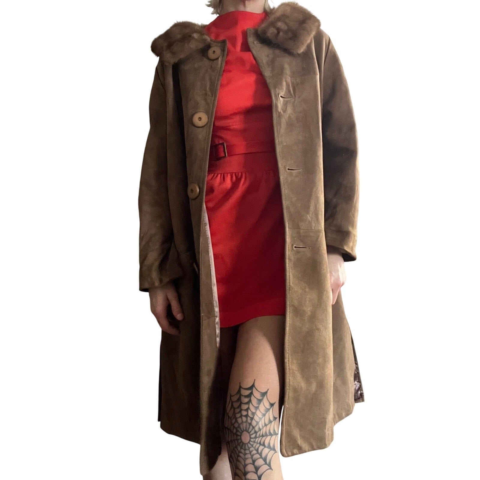 60s Long Suede Buttoned Coat with Mink Fur Collar