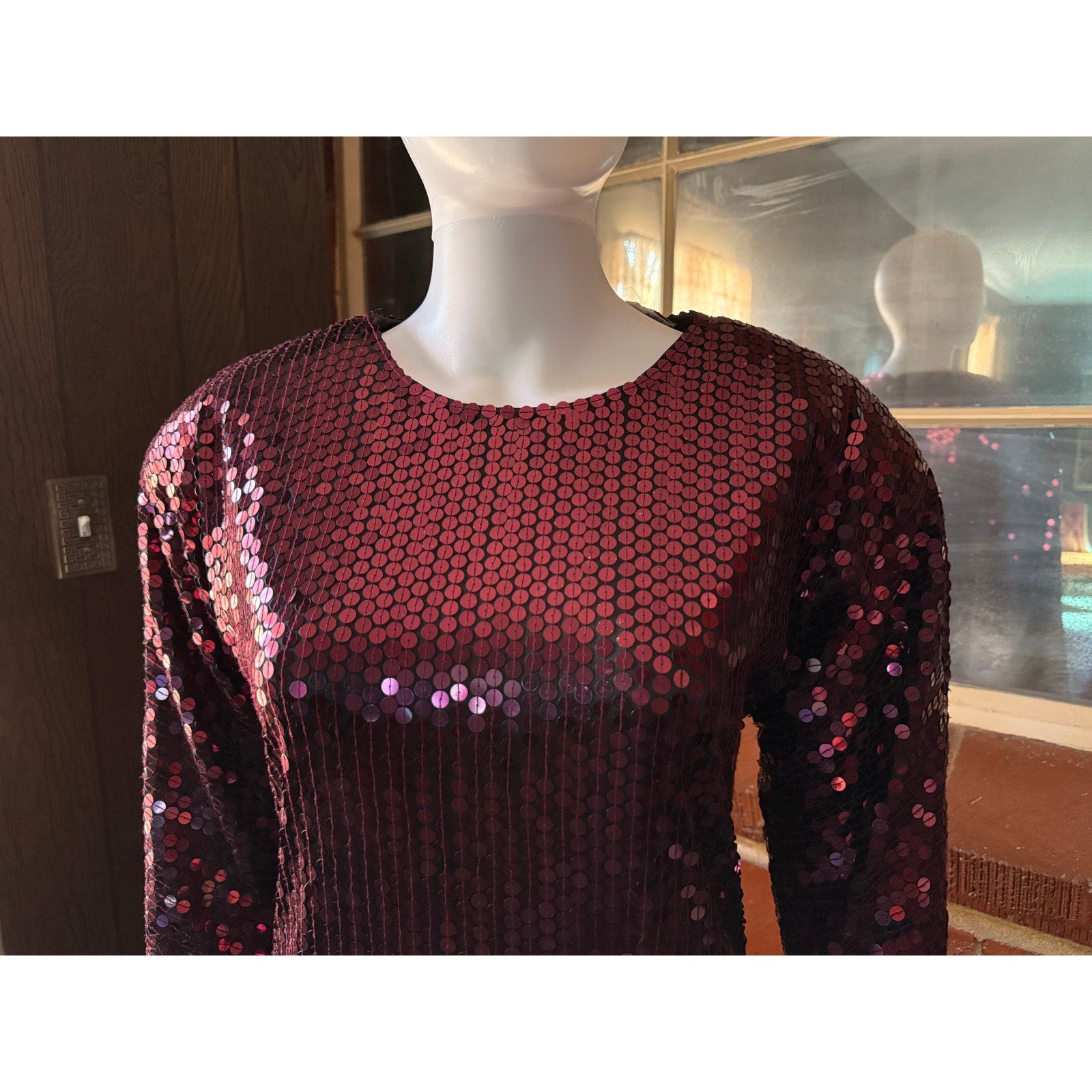 80s Oleg Cassini Maroon Sequin Drop Waist Peplum Party Dress | Size 6 - 8