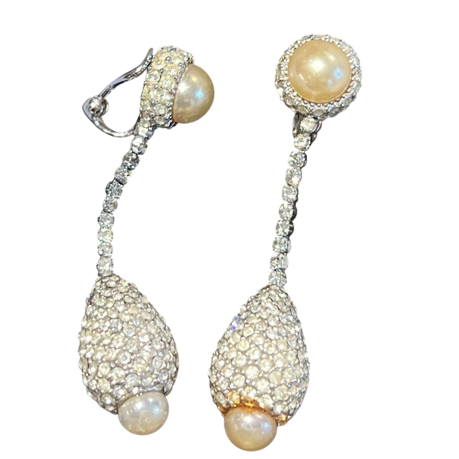 Vintage CINER signed Dazzling Rhinestone and Pearl Dangle Clip-On earrings