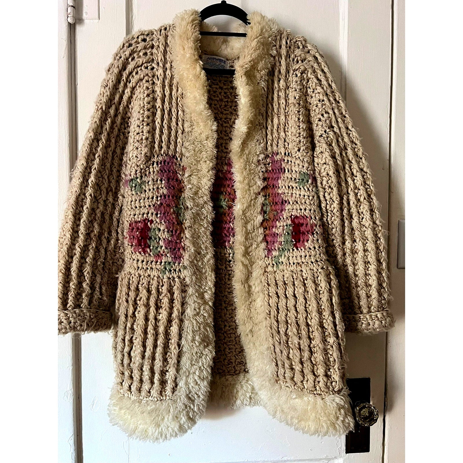 1970s Answers by Riddles Chunky Knit Fur Trim Long Cardigan / Sweater