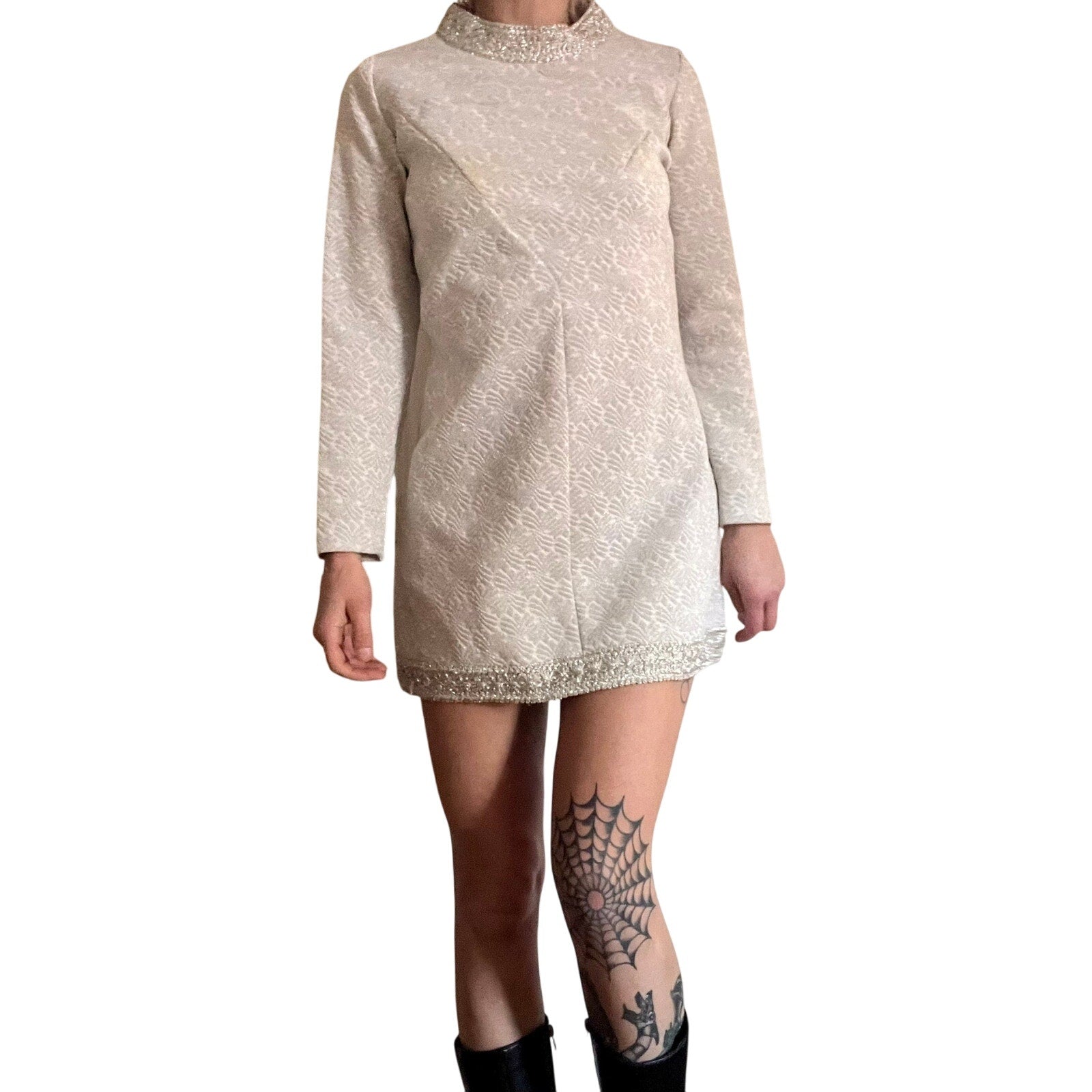 1960s Carol Brent Silver and White Mock Neck Mini Dress Trouser Set