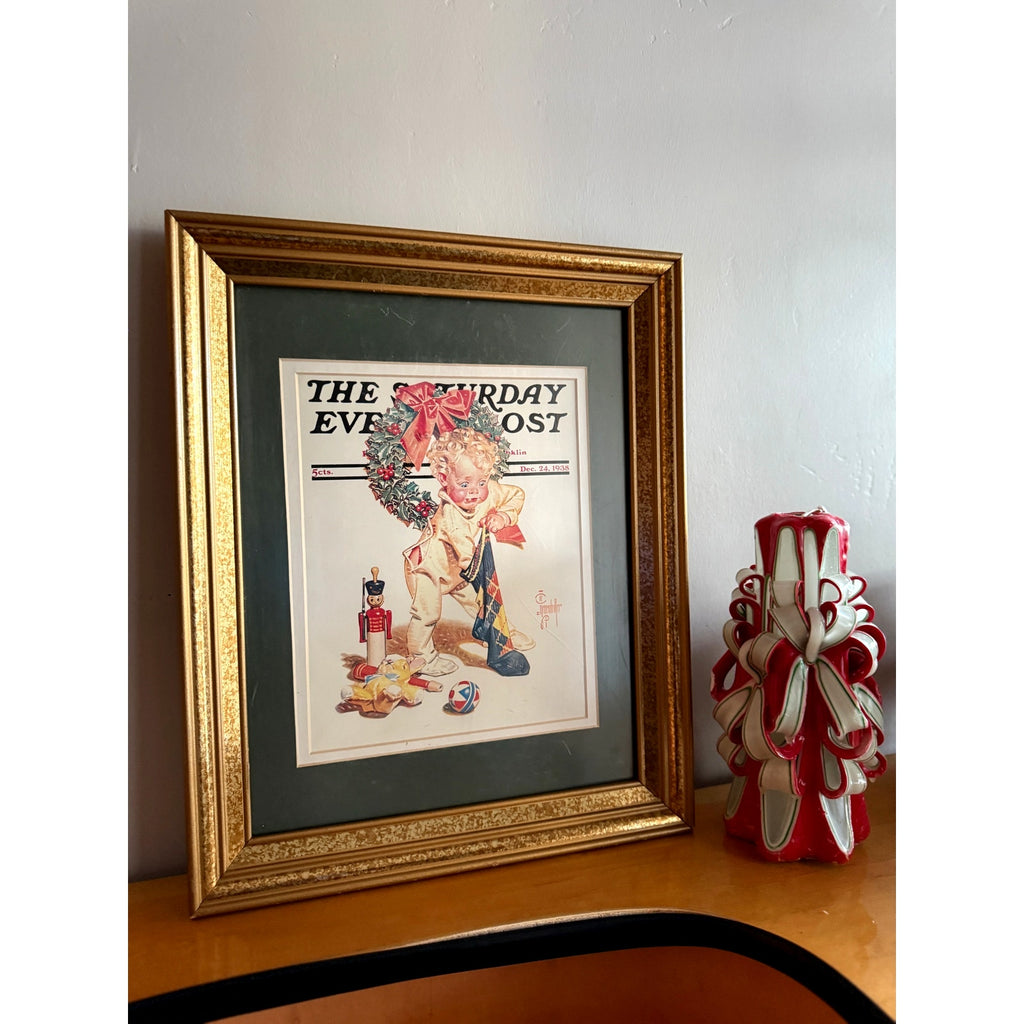 VTG Framed Print 1938 "Christmas Stocking Joy" Saturday Evening Post Cover Art