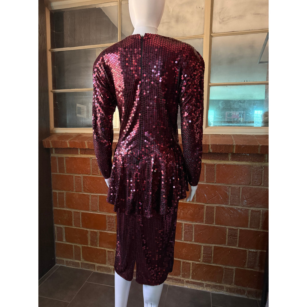 80s Oleg Cassini Maroon Sequin Drop Waist Peplum Party Dress | Size 6 - 8
