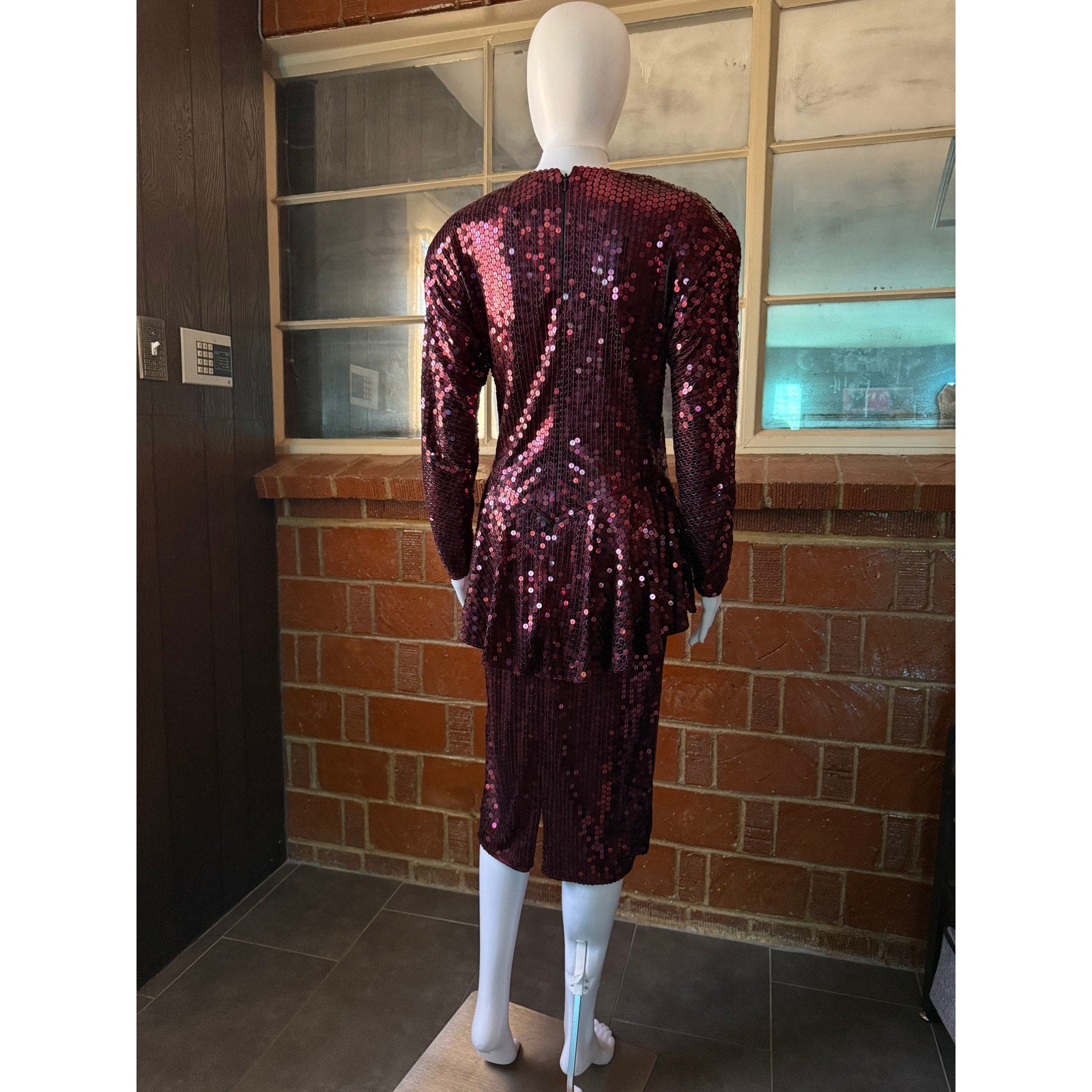 80s Oleg Cassini Maroon Sequin Drop Waist Peplum Party Dress | Size 6 - 8