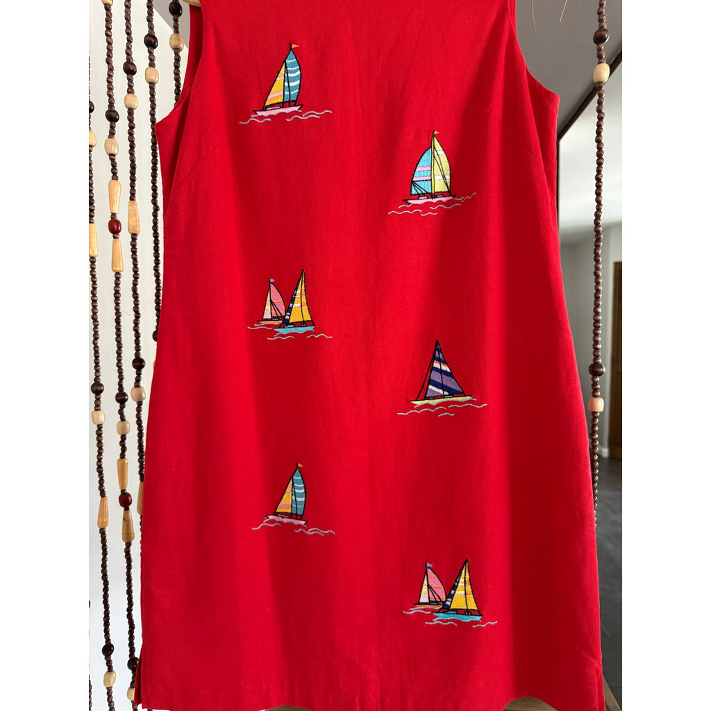 1990s/Y2k Victoria Holley Sailboat Linen Shift Dress | Size 8P - Medium