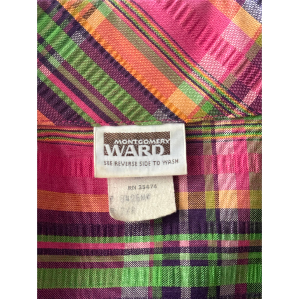 1970s Montgomery Ward Pink and Green Plaid Zip Up Peplum Shirt - Size S
