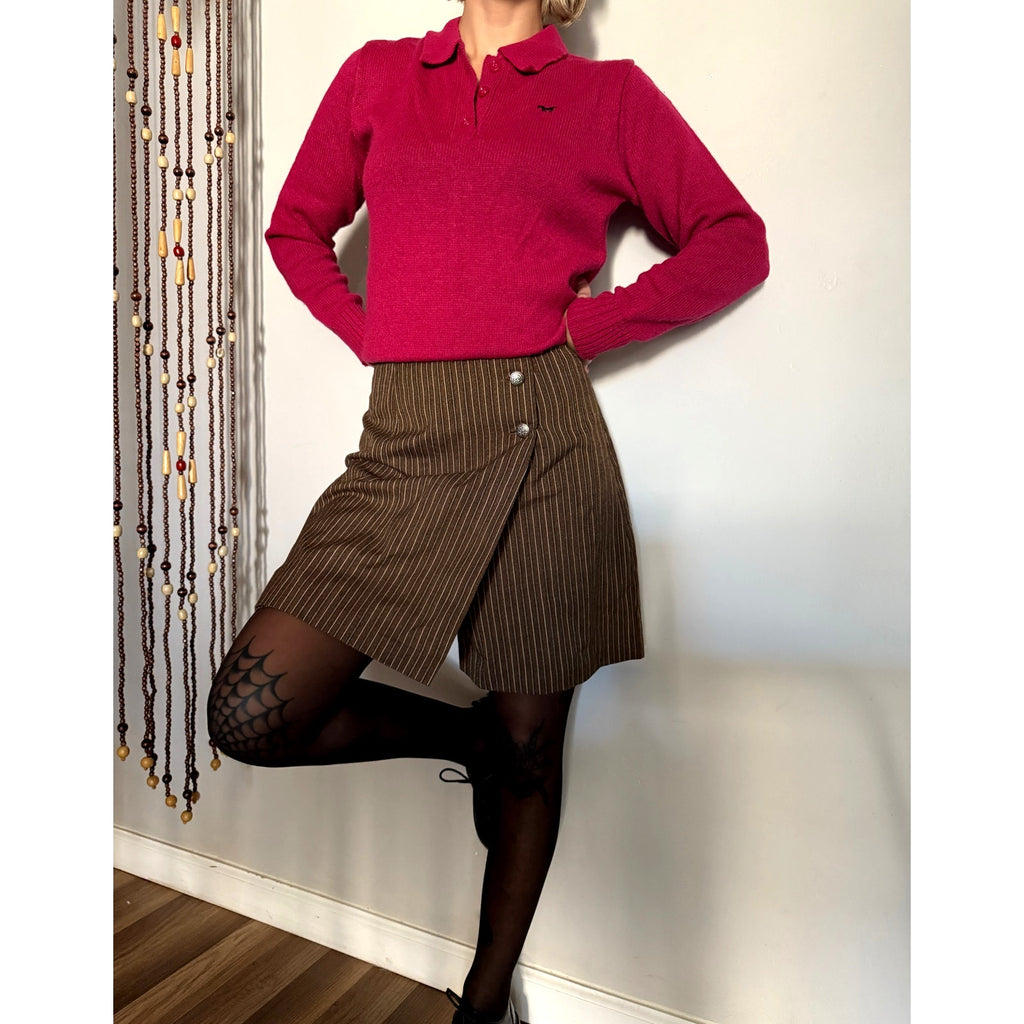 1980s Brown Pinstripe Wrap Skort | Ellen Ashley | Size Small Small
