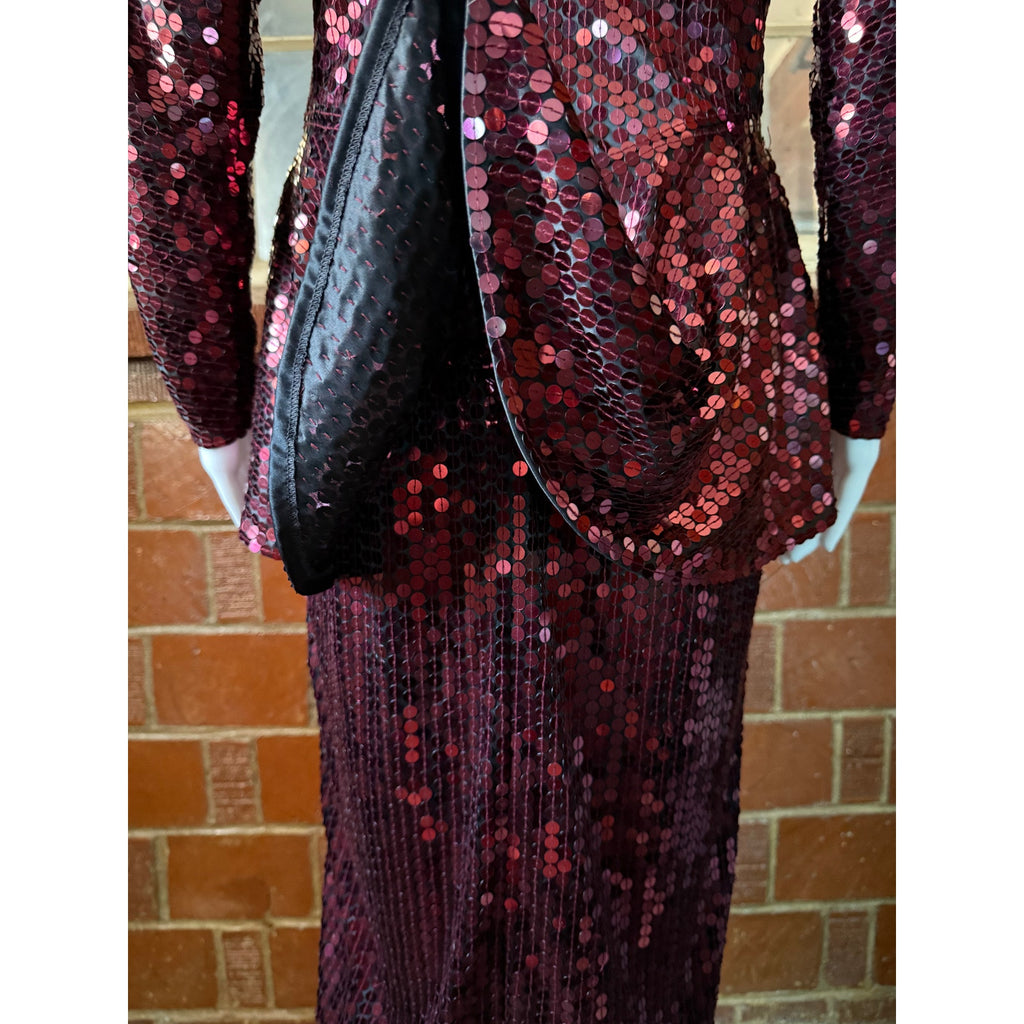 80s Oleg Cassini Maroon Sequin Drop Waist Peplum Party Dress | Size 6 - 8