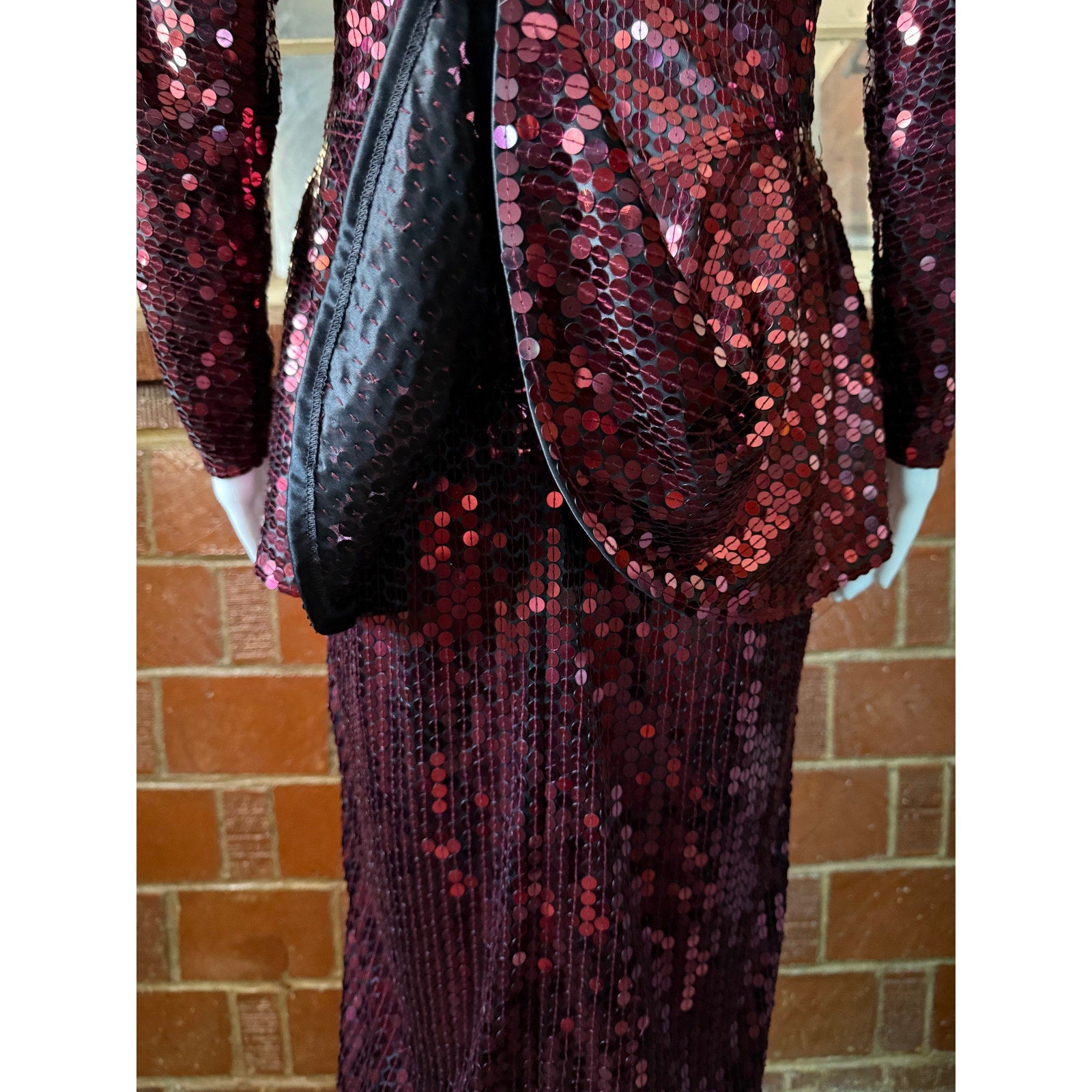 80s Oleg Cassini Maroon Sequin Drop Waist Peplum Party Dress | Size 6 - 8