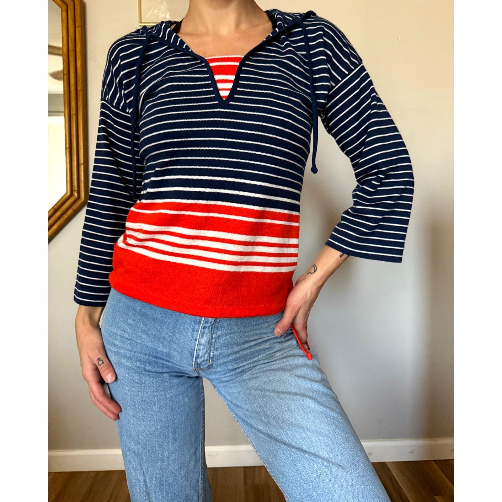 1970s The Red Eye Hooded Sailor Shirt | Quarter Sleeve | Striped