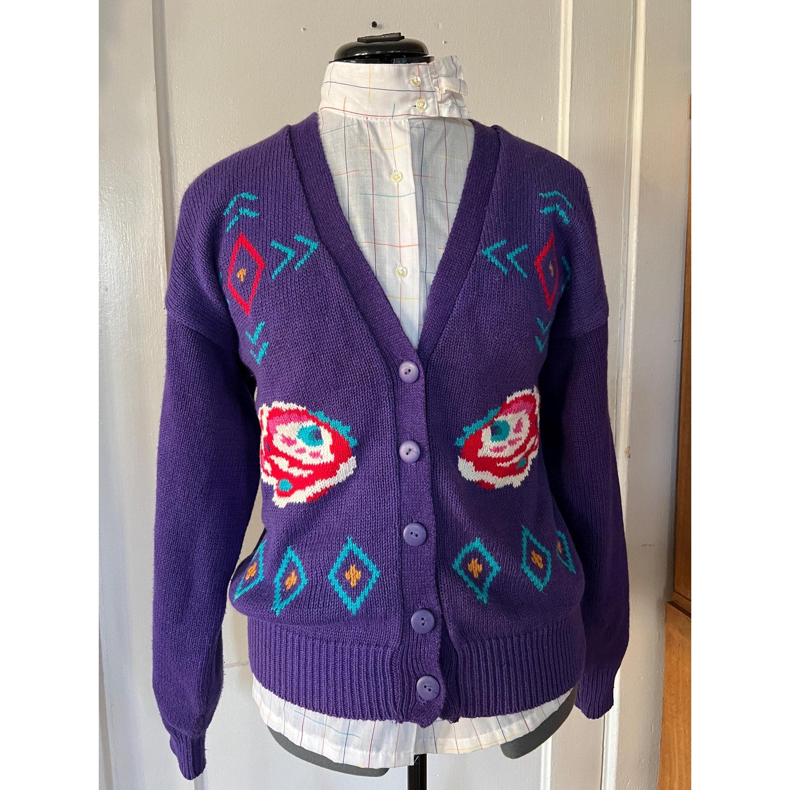 80s Patterned Knit Purple Cardigan Sweater | Size L