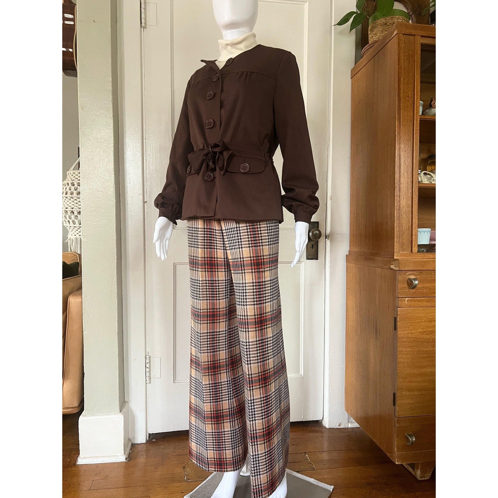 60s/70s JG Hook Brown Tie-Waist Collarless Blazer | Size 8