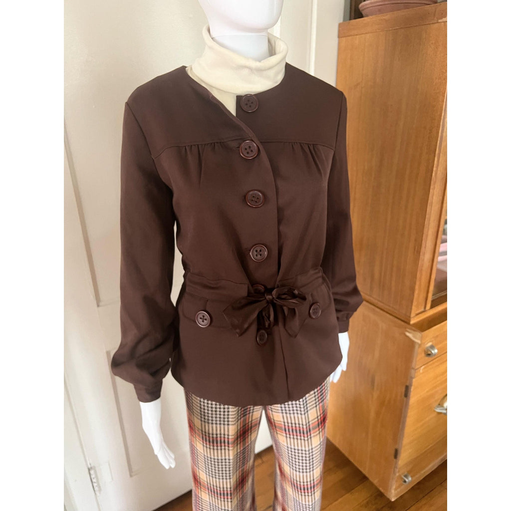 60s/70s JG Hook Brown Tie-Waist Collarless Blazer | Size 8