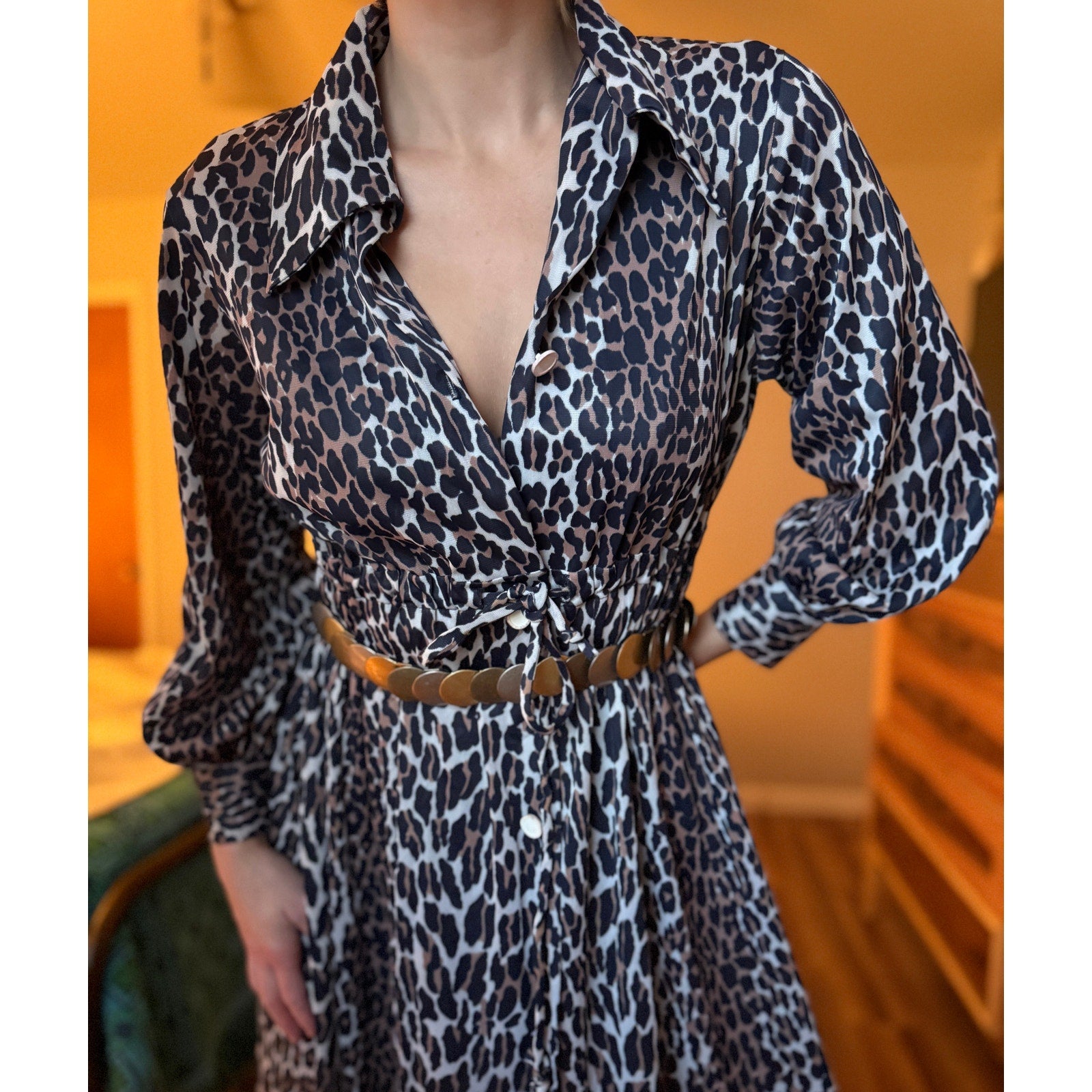 1970s Butterfield 8 Leopard Print Balloon Sleeve Maxi Shirt Dress