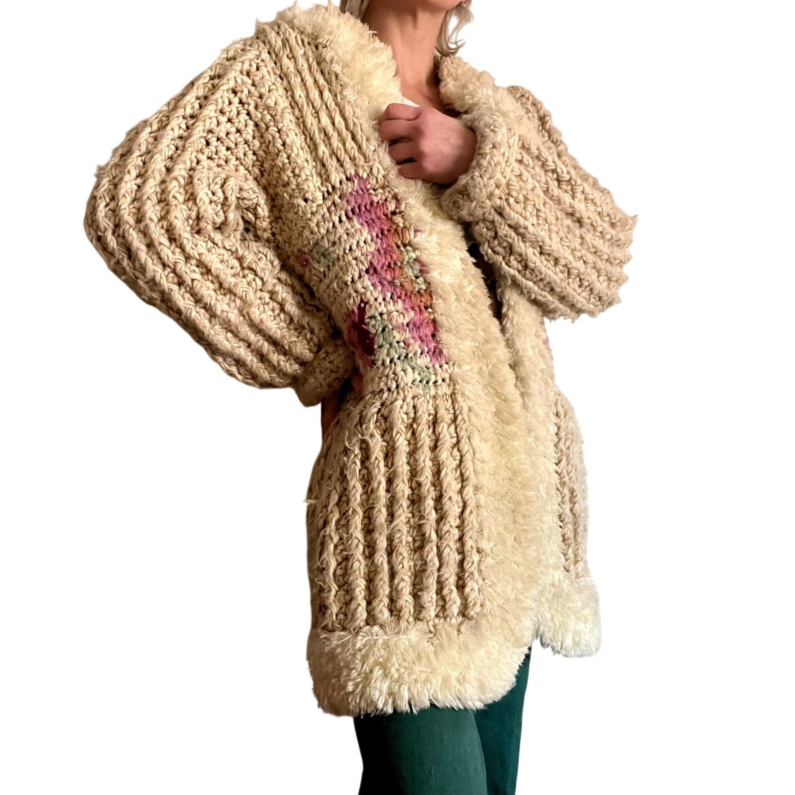 1970s Answers by Riddles Chunky Knit Fur Trim Long Cardigan / Sweater