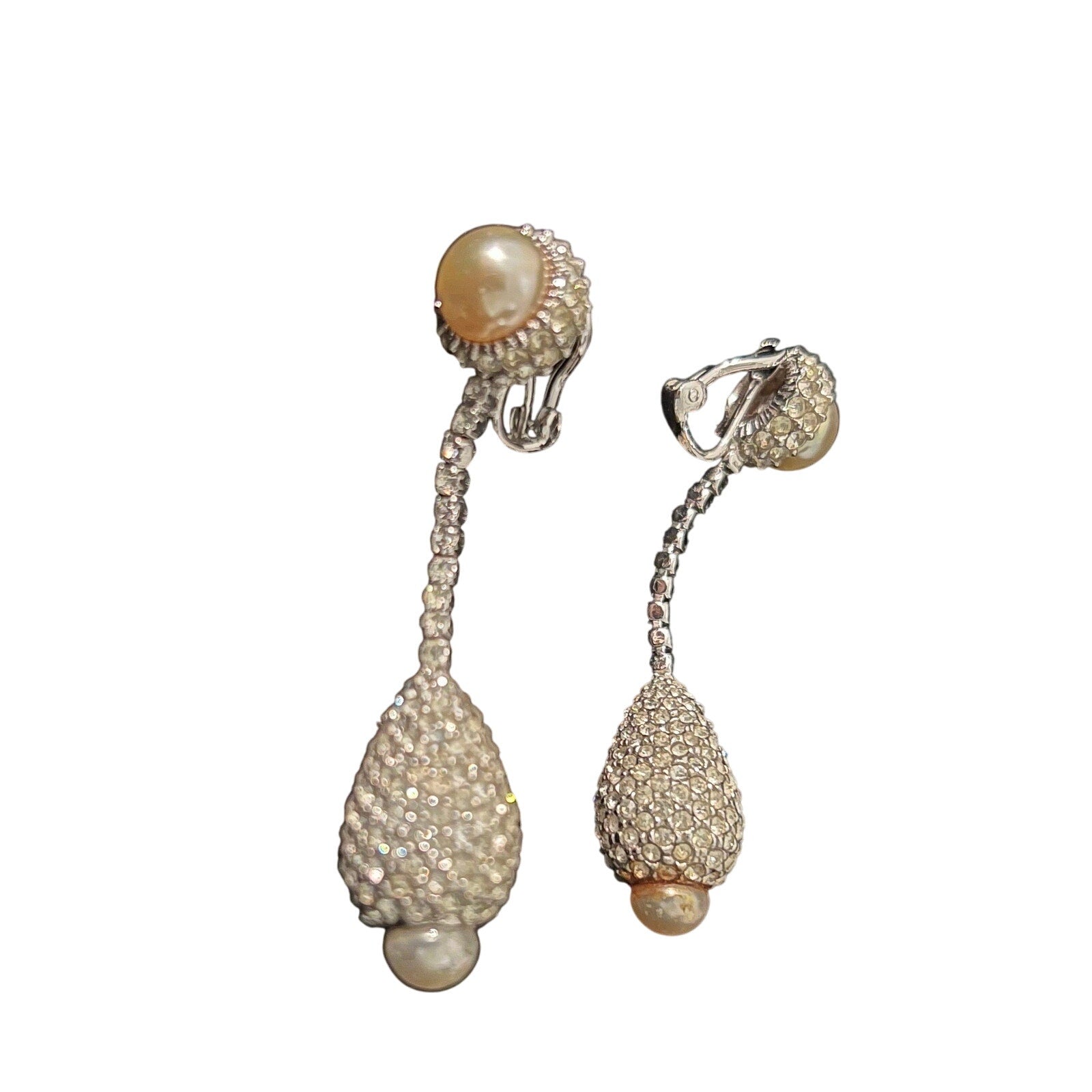 Vintage CINER signed Dazzling Rhinestone and Pearl Dangle Clip-On earrings