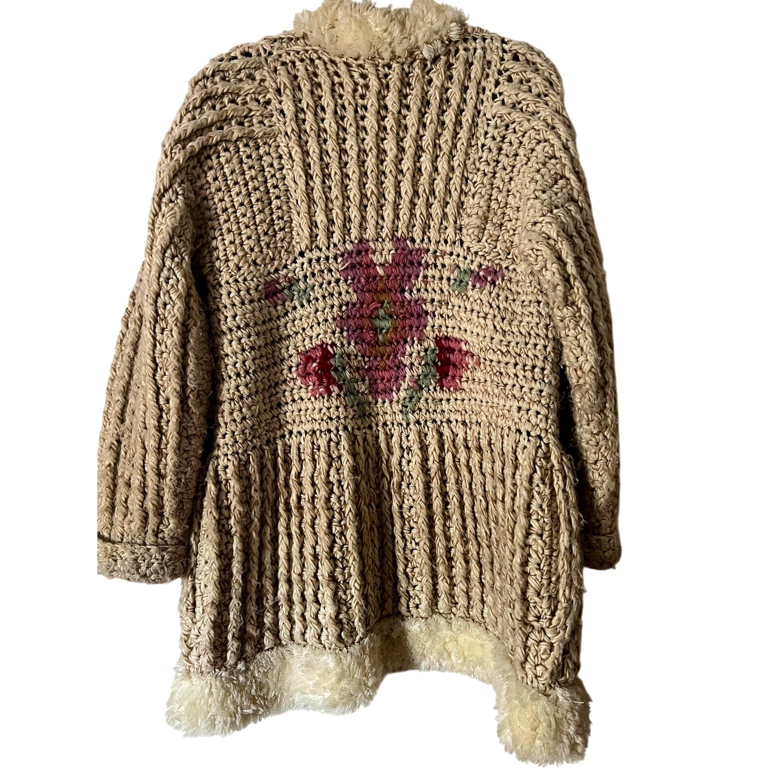 1970s Answers by Riddles Chunky Knit Fur Trim Long Cardigan / Sweater