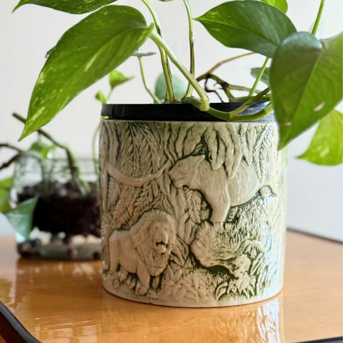 1975 Duncan Ceramic Green Embossed Jungle Animal Planter Pot
