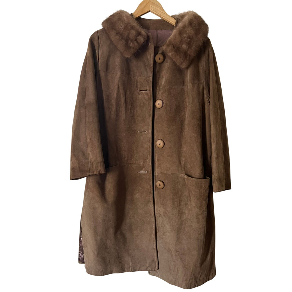 60s Long Suede Buttoned Coat with Mink Fur Collar