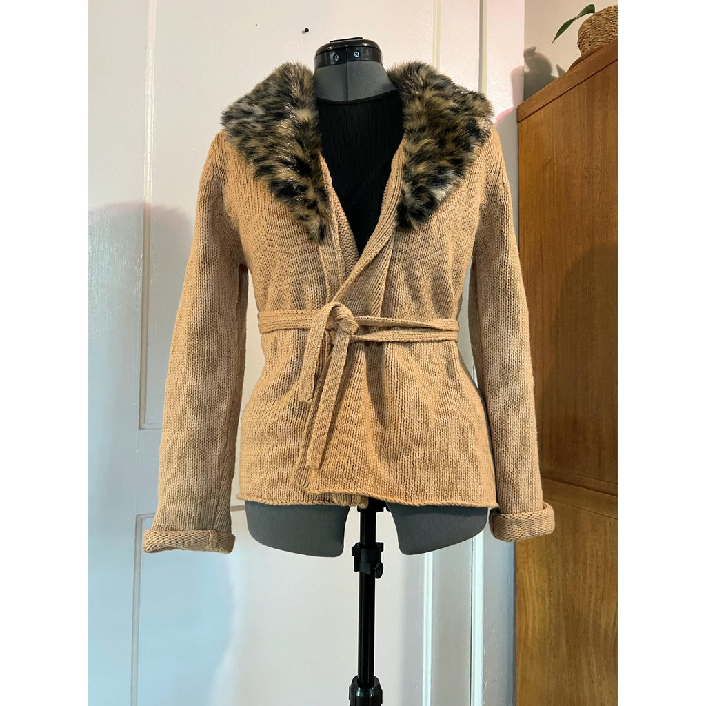 90s Vintage Leopard Print Faux Fur Collar Wrap Cardigan