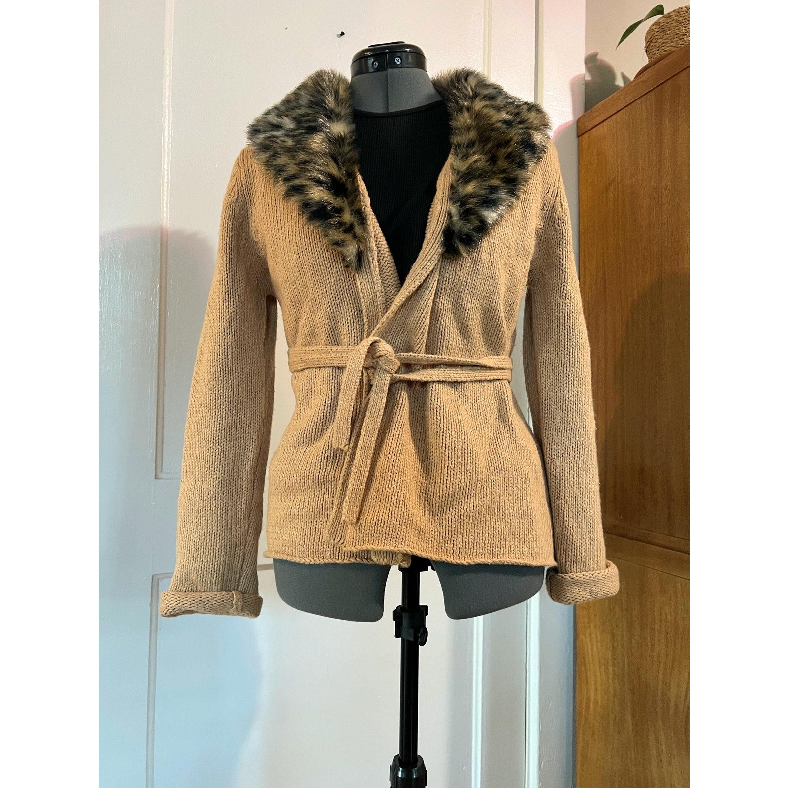 90s Vintage Leopard Print Faux Fur Collar Wrap Cardigan