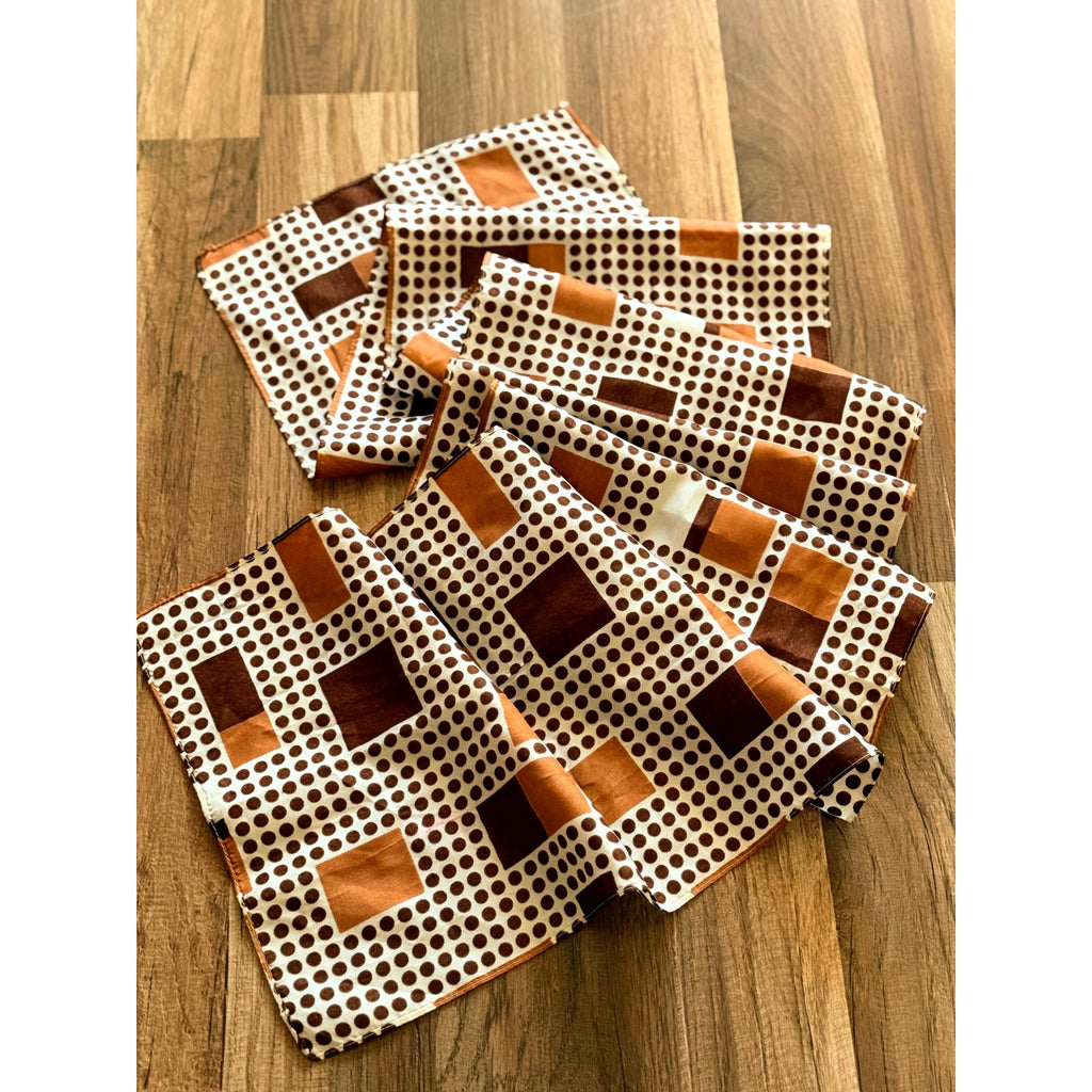 1970s Long Satin Scarf | Geometric Mod Pattern | White Brown Orange