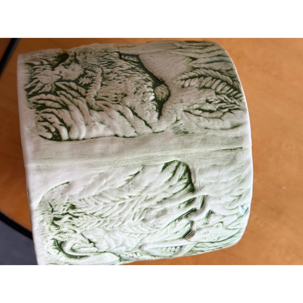 1975 Duncan Ceramic Green Embossed Jungle Animal Planter Pot