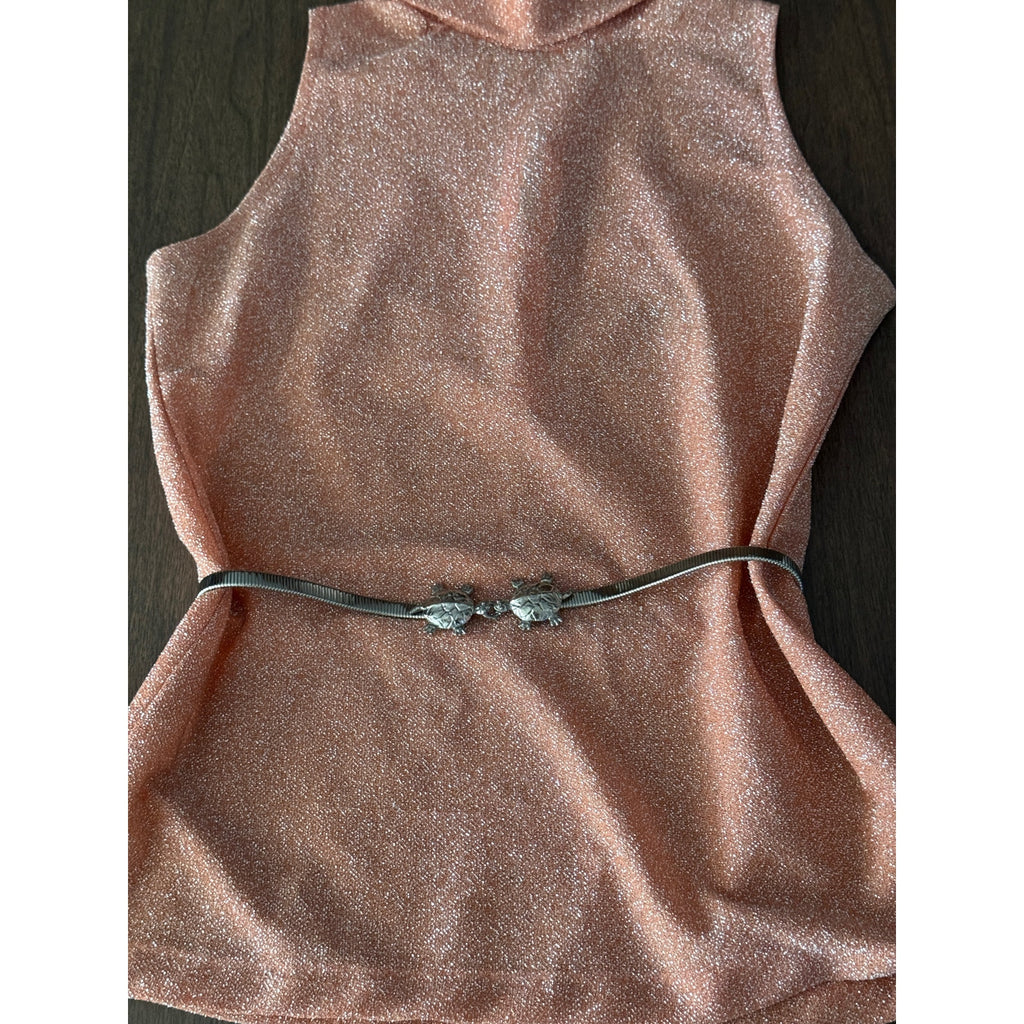 1970s Silver Kissing Turtles Clasp Belt | Stretchy Snake Chain Style
