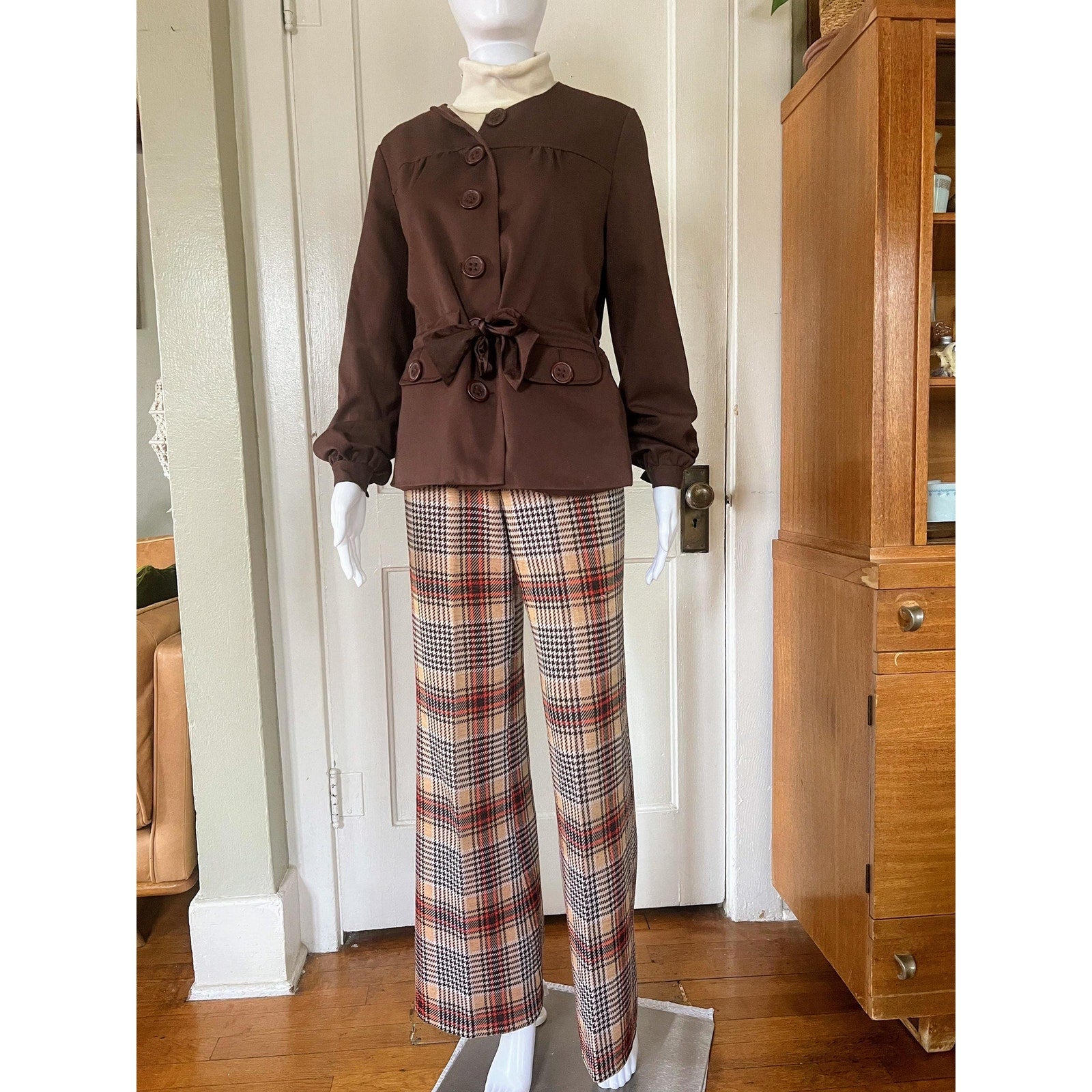 60s/70s JG Hook Brown Tie-Waist Collarless Blazer | Size 8