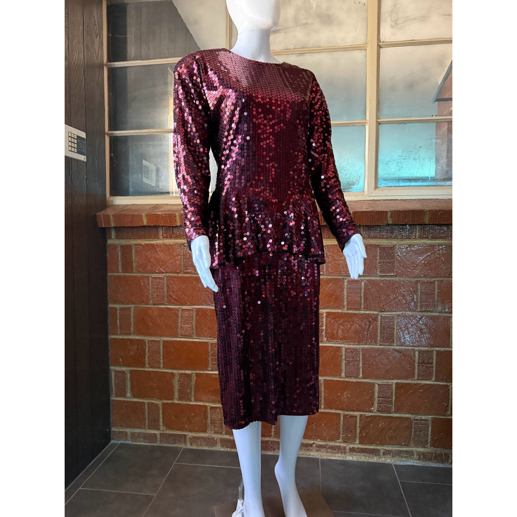 80s Oleg Cassini Maroon Sequin Drop Waist Peplum Party Dress | Size 6 - 8