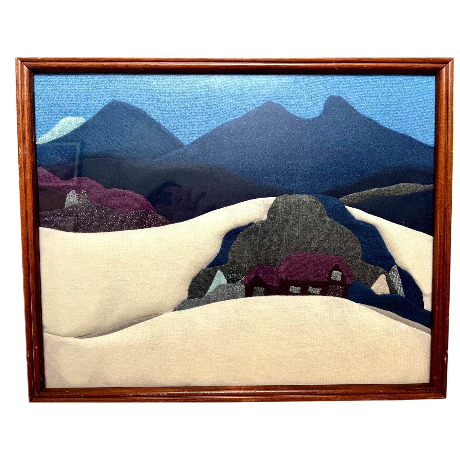 Vintage Framed Winter Landscape Collage Handwoven Textile Art