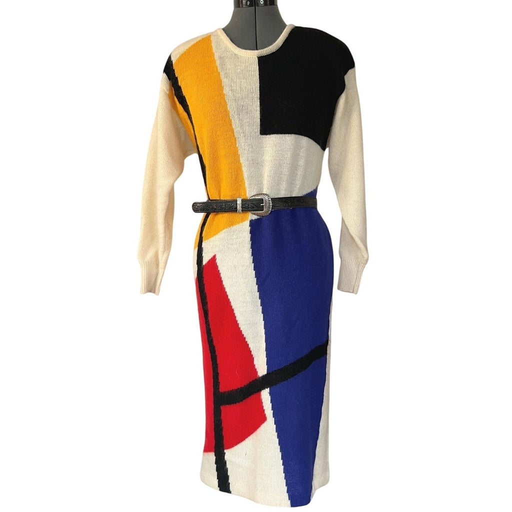 1980s IB Diffusion Color Block Wool Mohair Sweater Dress | Size Small / Medium
