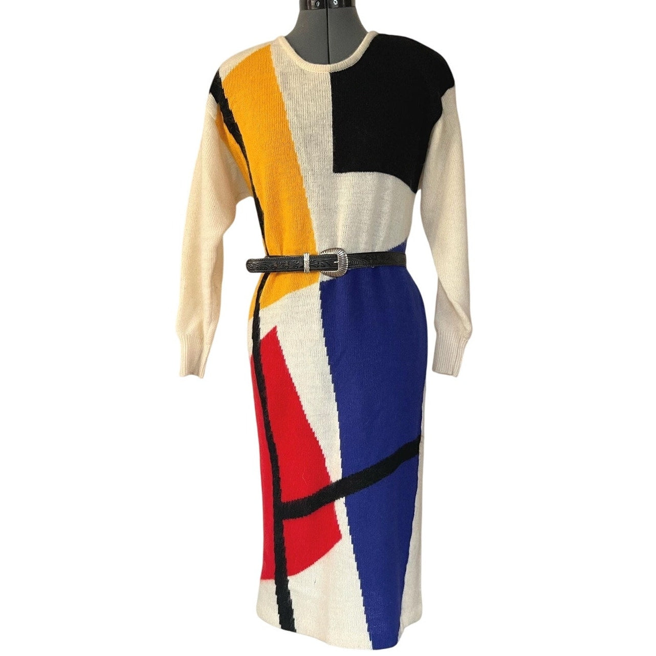 1980s IB Diffusion Color Block Wool Mohair Sweater Dress | Size Small / Medium