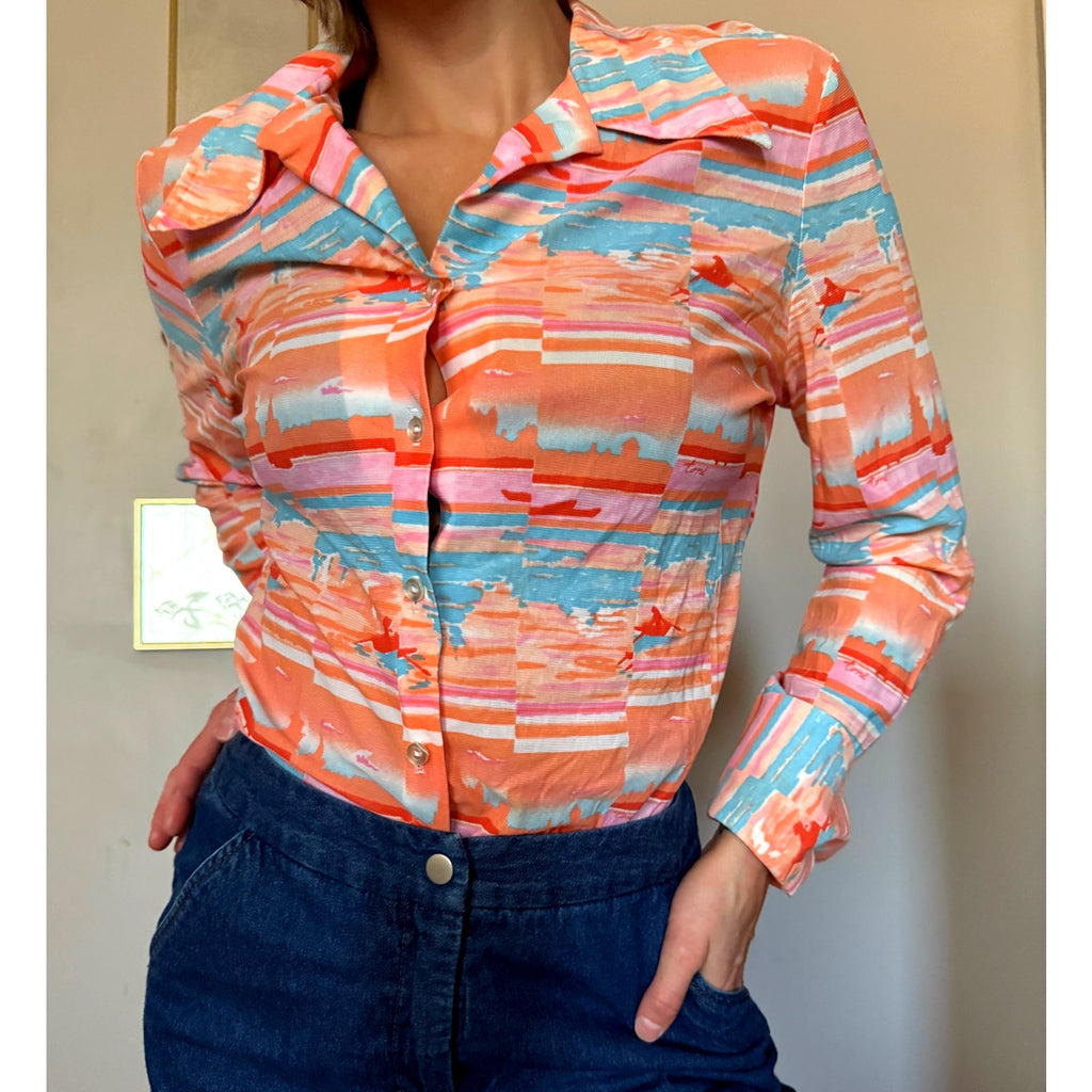 Vintage 70s Patterned Long Sleeve Disco Shirt | Button Up | Sunset Pattern