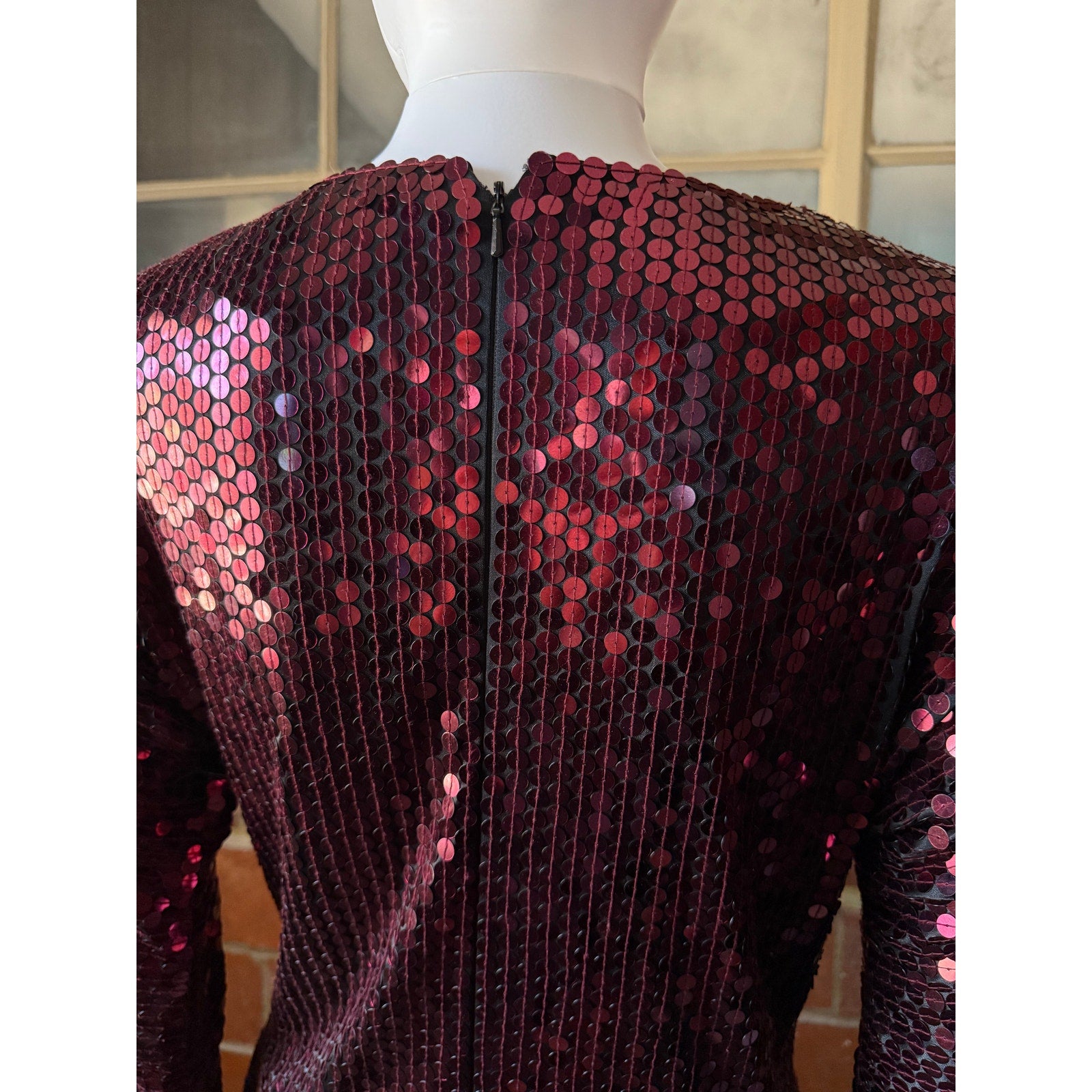 80s Oleg Cassini Maroon Sequin Drop Waist Peplum Party Dress | Size 6 - 8