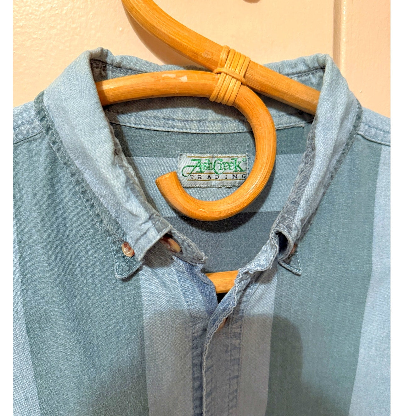 1990s Ash Creek Faded Denim Striped Button Up Shirt - Men's Large